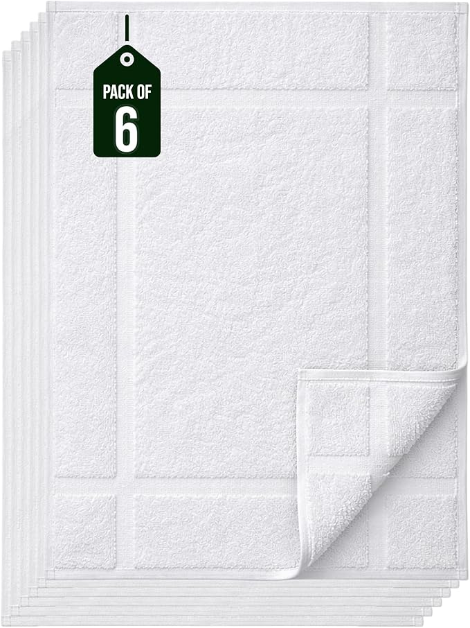 Pearl Linens Pack of 6 100% Cotton Bath Mat Towels,18x25 inches, Soft & Absorbent Floor Towels for Bathroom, Not Bathroom Rugs, After Shower Mat, 781 GSM, Machine Washable, Airbnb Essentials, White