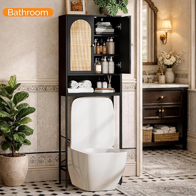 VINGLI Over The Toilet Storage Cabinet, Black Rattan Bathroom Organizer Over Toilet with Adjustable Shelf, Freestanding Space Saver Stand with Soft-Close Doors for Restroom Laundry, Boho Modern