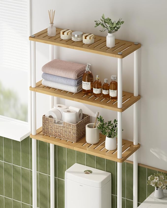 LiSHELF Bamboo Over The Toilet Storage Shelf 3-Tier Bathroom Organizer Rack Freestanding Above Toilet Shelves Space Saver for Small Bathroom, Laundry, White