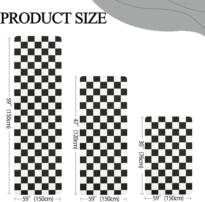 Black Checkered Grid Checkerboard Kitchen Rug Sets [3 PCs], Anti-Fatigue, Waterproof Non-Slip Kitchen Mats Heavy Duty Ergonomic Comfort Foam Rug for Floor, Home, Laundry,17" Wx29/47/59“L