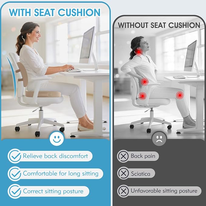 CushZone Ergonomic Seat Cushion & Lumbar Support Pillow - Memory Foam for Sciatica Pain Relief & Posture Correction, Non-Slip Chair Cushions for Office Chair/Car/Wheelchair/Travel, Khaki
