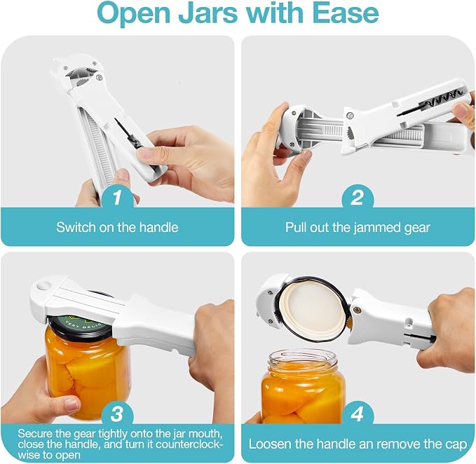 Jar Opener for Seniors with Arthritis, 7 in 1 Bottle Opener and Wine Corkscrew, Easy Grip Kitchen Gadget for Weak Hands Elderly, Retractable Jaw Lid Opener with Magnetic Storage (Off-White)