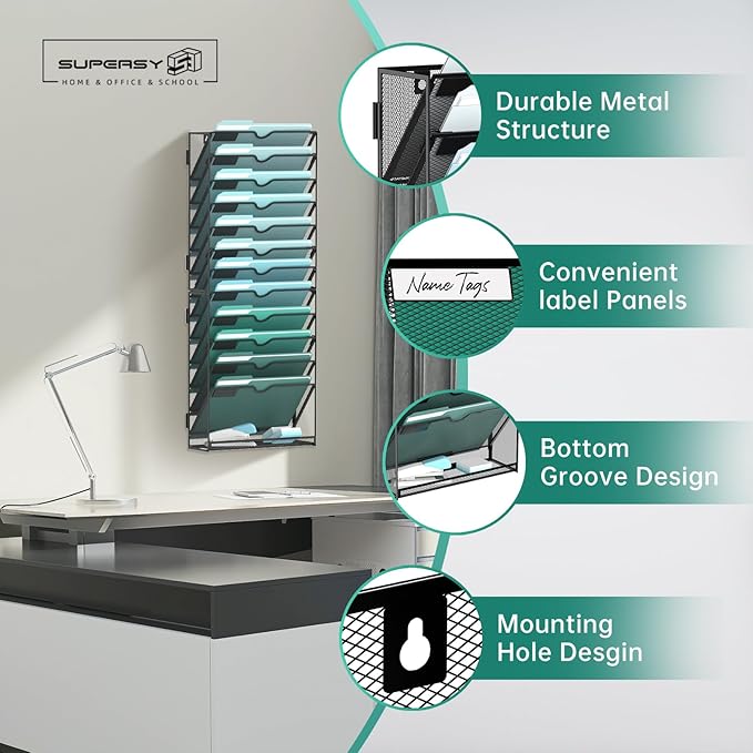 SUPEASY 13-Tier Wall File Organizer, Hanging Wall Files for Papers, Folders, Magazines, Clipboard, Wall Organizer for Office Home School Classroom, Black