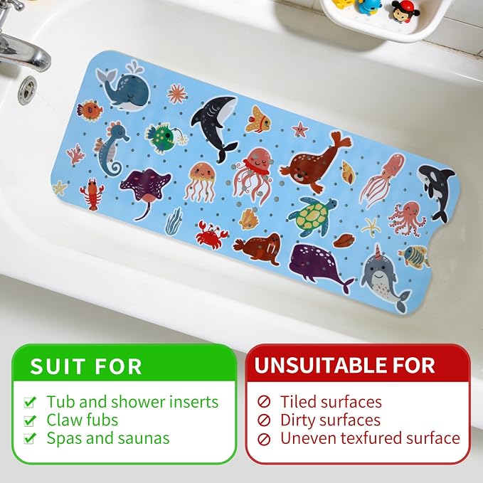 Bath Tub Shower Mat Non Slip Kids Bathtub Mat Anti Slip Baby Bath Mat for Tub 40 x 16 Inch Extra Long Toddler Bath Mat with Suction Cups and Drain Holes for Bathroom Floor,Seahorse Seaturtle