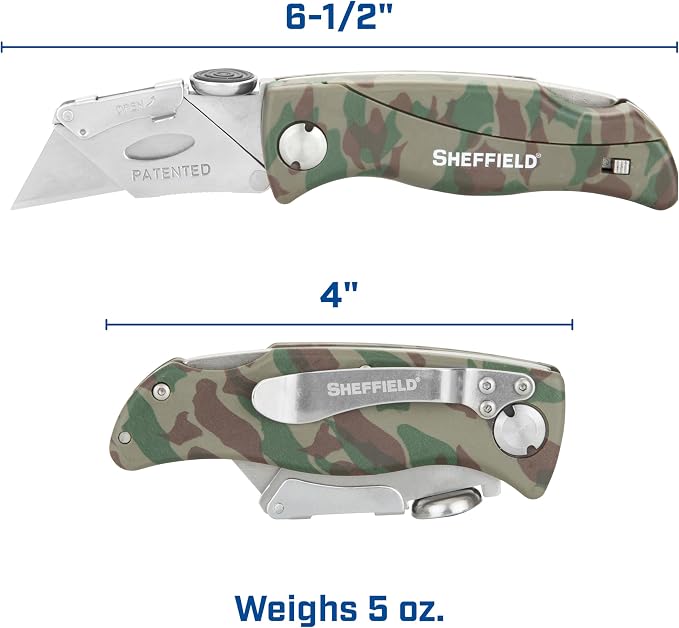 Sheffield Folding Utility Knife, Accepts Standard Utility Knife Blades, Box Cutter, Razor Blades Included, For Home, Office, Trades, and Warehouse
