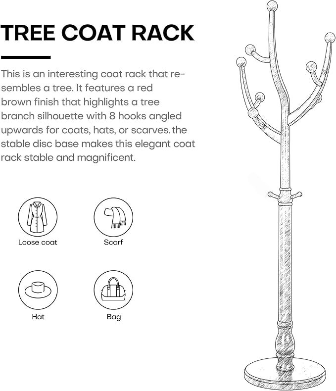 Bekrvio Tree Coat Rack Freestanding with Round Base, Unique Coat Hanger Stand, Heavy Duty Standing Coat Rack Clothes Stand for Winter Jacket, Hat, Entryway/Hallway/Bedroom, Red Brown