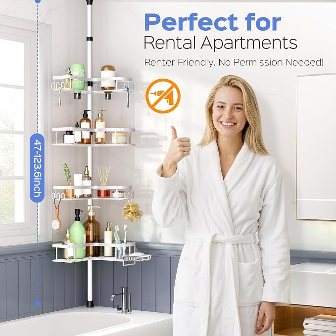 HAMITOR Shower Caddy Tension Pole: 4-Tier Corner Bathroom Organizer Shelf with Soap Holder & Hooks - No-Drill Adjustable Storage Rack for Apartment Renters - 47-123 Inch White