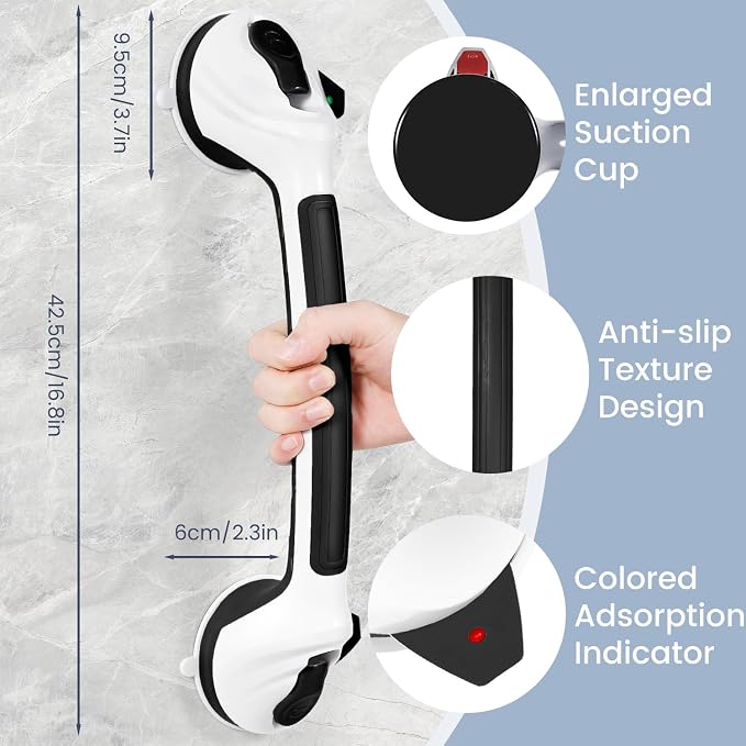 Grab Bars for Shower, 16.5 Inch Shower Handle with Safety Indicators, Suction Cup Bathroom Grab Bar for Elderly, Seniors, Handicap - No Drill, Waterproof, Removable (2 Pack), Black White