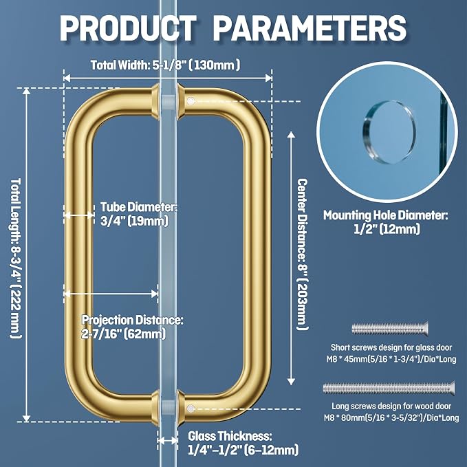 Ranbo Polished Gold 8" （CTC） Tubular Back-to-Back Shower Door Handle，Heavy-Duty 1.0mm Thick 304 Stainless Steel, for 1/4"- 1/2" Thick Glass and 1-3/8" - 2-1/6" Thick Wooden or Metal Doors