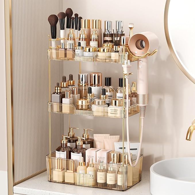 Bathroom Counter Organizer for Vanity, Makeup Organizer Countertop with Holder, Large Capacity Storage Rack, Perfect Large Skincare, Hair Care, Perfume, Easy to Install (Gold, 3Tiers)