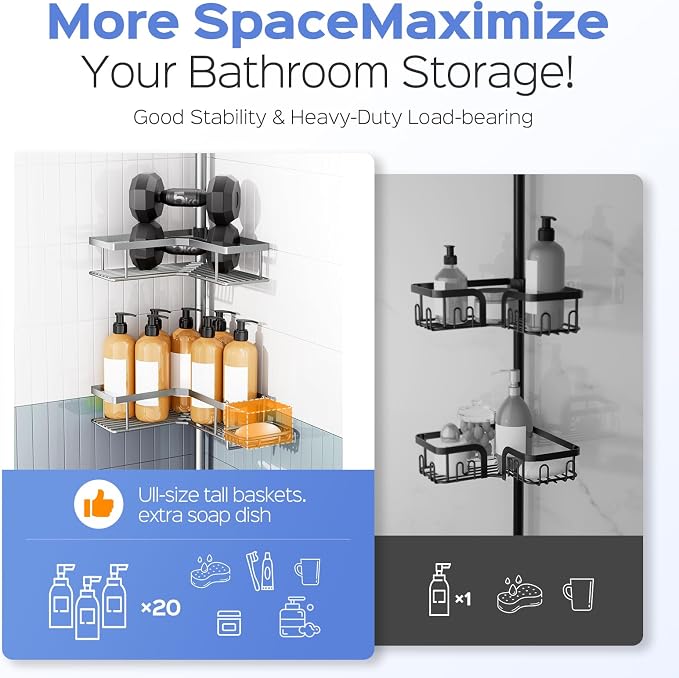 HAMITOR Shower Caddy Tension Pole: 4-Tier Corner Bathroom Organizer Shelf with Soap Holder & Hooks - No-Drill Adjustable Standing Storage Rack for Apartment Renters - 47-123 Inch Silver Gray