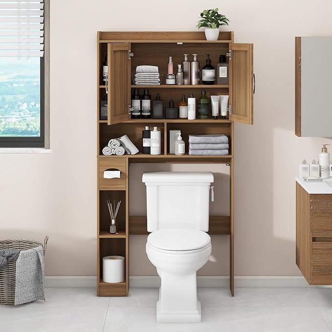 Vabches Farmhouse Rattan Storage Cabinet Over Toilet - 2 Door with Toilet Paper Holder - Space-Saving for Bathroom, Oak