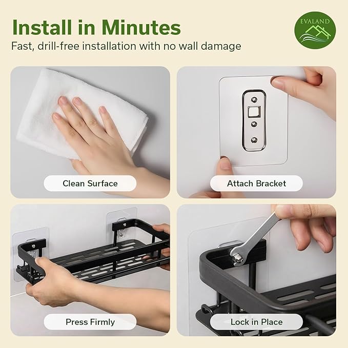 EVALAND Shower Caddy Adhesive 2-Pack with Hooks and Rod for Towels, Black – Premium Bathroom Shower Shelves, Shampoo Organizer, Bathtub Shelf, Rustproof, Easy Installation, Sturdy Modern Look