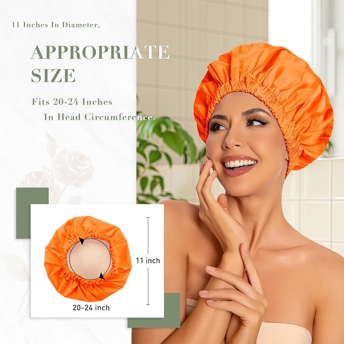 Reusable Shower Cap for Women, Large Waterproof Shower Bonnet with Elastic Band, Washable Bath Hair Cap for Long, Curly Hair, Braids, Daily Shower, Home Spa, Travel(Orange)