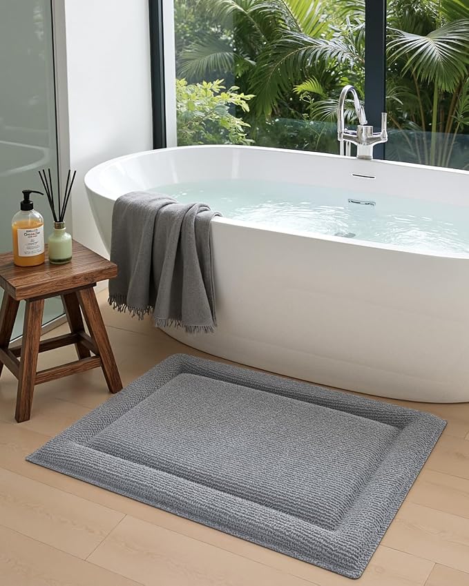 DEXI Memory Foam Bath Mat 32x20, Soft Absorbent Chenille Bathroom Rug, Non Slip Quick Dry Bath Mats for Bathroom, Thick Plush Floor Carpet for Tub Shower, Sink, Light Grey