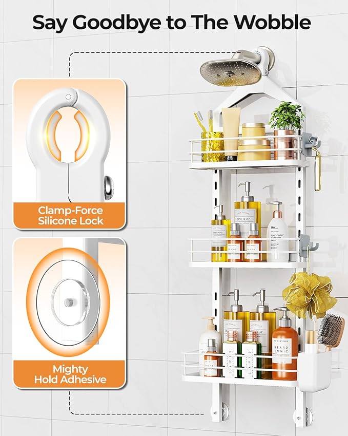 ODesign 3 Tier Height-Adjustable Shower Caddy Hanging Anti-Swing-Over The Shower Head Caddy-Storage Organizer Bathroom Shelves Basket - White