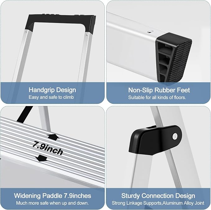 DUMOS 5 Step Ladder, 330lbs Folding Step Stool with Anti-Slip Wide Pedal Handrails, Aluminum Stool Ladders, Safety Household Ladder for Home Kitchen Courtyard Outdoor