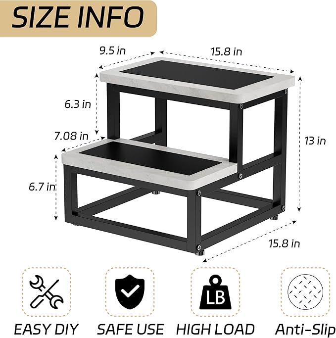 SZLHANJZ Step Stools, Heavy Duty Stepping Stool for Kids Adults, Non-Slip Metal and Wooden 2 Steps Foot Stool for High Beds and Kitchen, Round Corner, 500 Lbs Capacity, Cement Gray