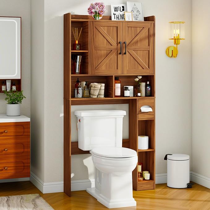 Vabches Over The Toilet Storage Cabinet, Farmhouse Storage Cabinet Over Toilet with 2 Barn Door & Toilet Paper Holder Stand，Home Space-Saving Toilet Rack, for Bathroom, Restroom, Laundry.Caramel