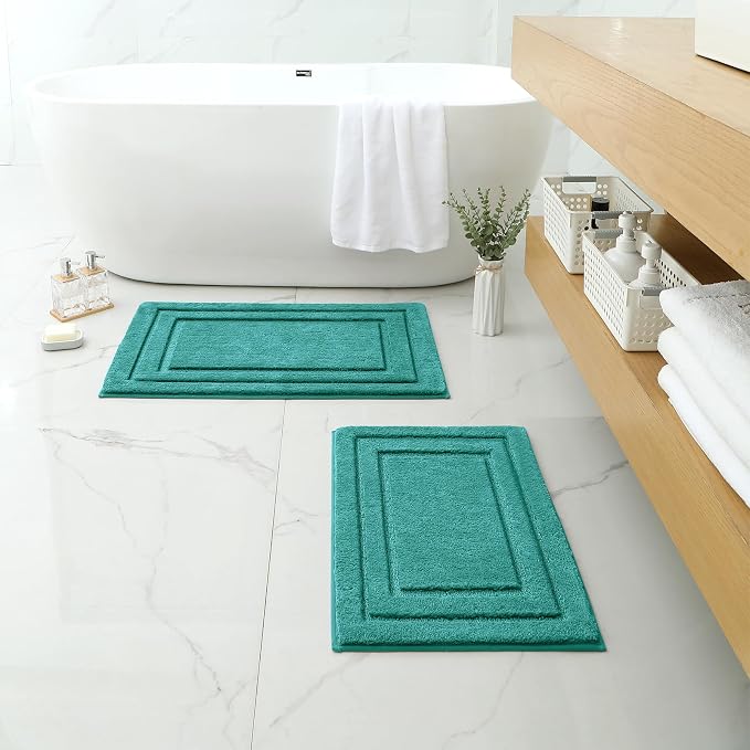 HOMEIDEAS Bathroom Rugs Sets 2 Piece, Super Soft and Absorbent Non Slip Microfiber Machine Washable Bath Mat Set (20" x 32" + 16" x 24", Teal)