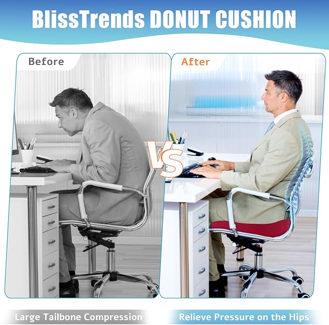 BlissTrends Donut Pillow Seat Cushion,Donut Chair Cushions for Postpartum Pregnancy & Hemorrhoids,Tailbone Pain Relief Cushion,Memory Foam Lifting Cushions for Office&Home Chairs (Red)