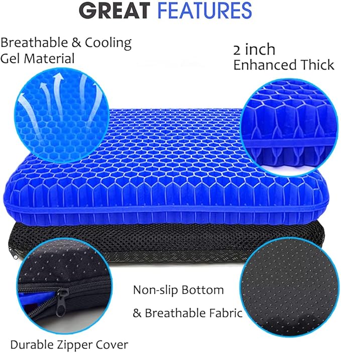 Gel Seat Cushion for Long Sitting, Extra Thick Gel Cushion for Wheelchair Soft Chair Pads for Office Home Chairs Car Seats Long Trips - Back Sciatica Hip Tailbone Pain Relief Cushion (Blue)