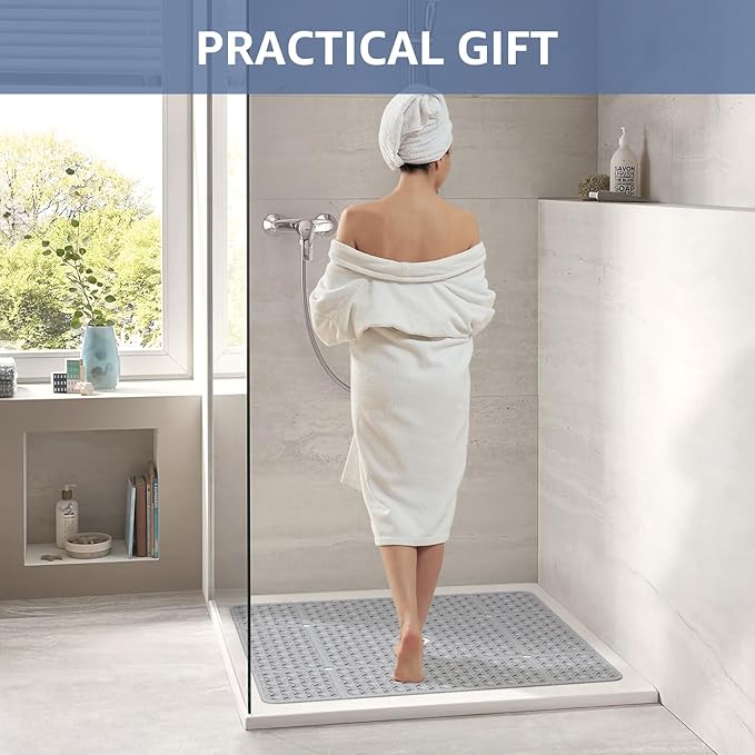 OTHWAY Square Shower Mat, 27"x 27" Extra Large Shower Mats for Inside Shower, TPE Anti Slip Shower mat with Suction Cups Drain Holes, Machine Washable Shower Floor Mat (Light Grey)