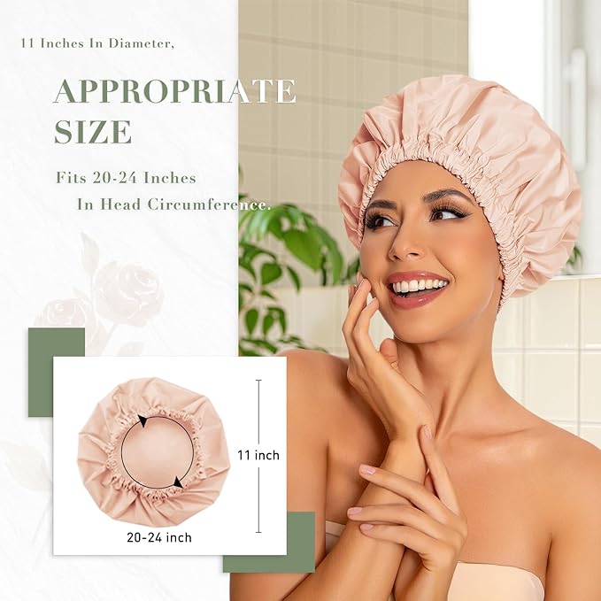 Reusable Shower Cap for Women, Large Waterproof Shower Bonnet with Elastic Band, Washable Bath Hair Cap for Long, Curly Hair, Braids, Daily Shower, Home Spa, Travel(Pink&Beige)