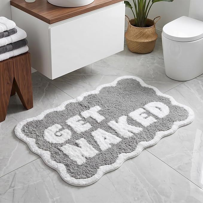 Scalloped Grey Bath Rug, Get Naked Cute Bathroom Rug, Soft Absorbent Quick Dry Bath Mat, TPR Non Slip Backing, Microfiber Mat for Shower Tub Sink Vanity 20" x 31.5"