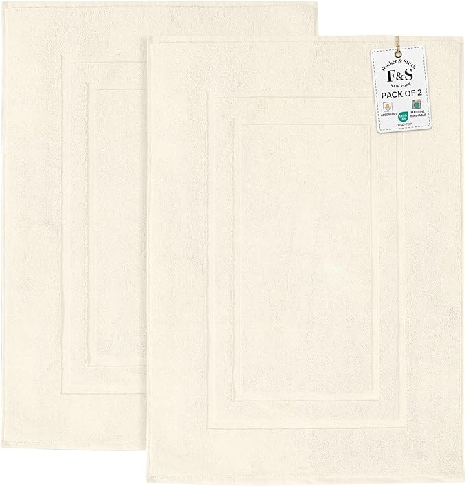 Feather & Stitch 2 Piece Towel Like Bath Mats (30x21 Inch) 100% Cotton Terry Bath Mat, Bathroom Shower Floor Mat [NOT A Bathroom Rug], Soft Absorbent Washable Mats - Ivory
