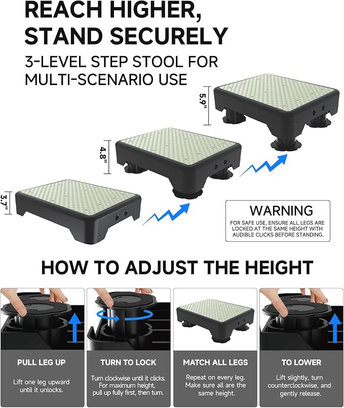 Adjustable Step Stool for Adults, Noctilucent Bed Step Stools, 600 LBS Capacity Safety Step Platform, Indoor and Outdoor Steps for Seniors, Non-Slip Stepping Stool Elderly Assistance at Night