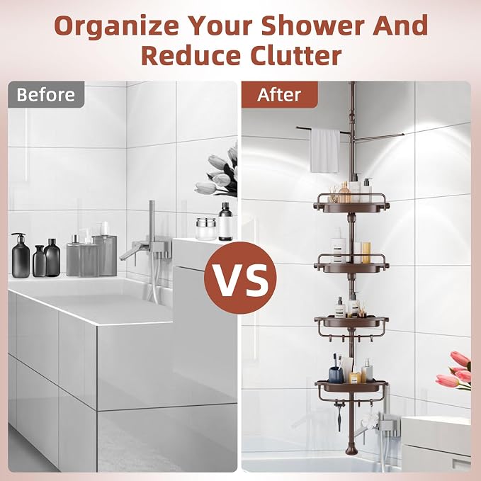 XLHOMO 32-122inch Corner Shower Caddy Tension Pole Brown, Rustproof Drill-Free Shower Shelves for Bathroom Bathtub Washbasin, Adjustable Shower Organizer with 4 Tier Patent Stable Shelves & Towel Bars