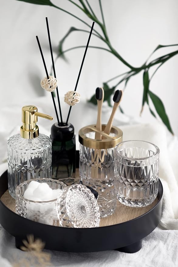EMPO 6PCS Bathroom Clear Glass Accessories Set (Lotion Soap Dispenser, Soap Dish, Toothbrush Holder, Tumbler, Cotton Swab Jar), Contemporary Modern Decor Crystal Vintage Gift (6pcs Clear)