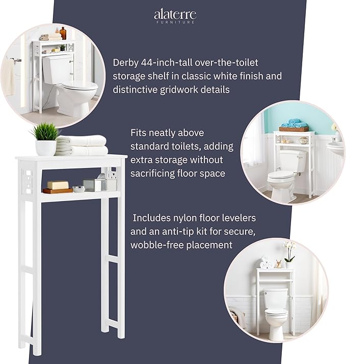 Derby Over-the-Toilet Storage Shelf – 44" Tall Modern Bathroom Space Saver with Open Shelves – Freestanding Organizer Rack for Toiletries & Towels by Alaterre Furniture (White)