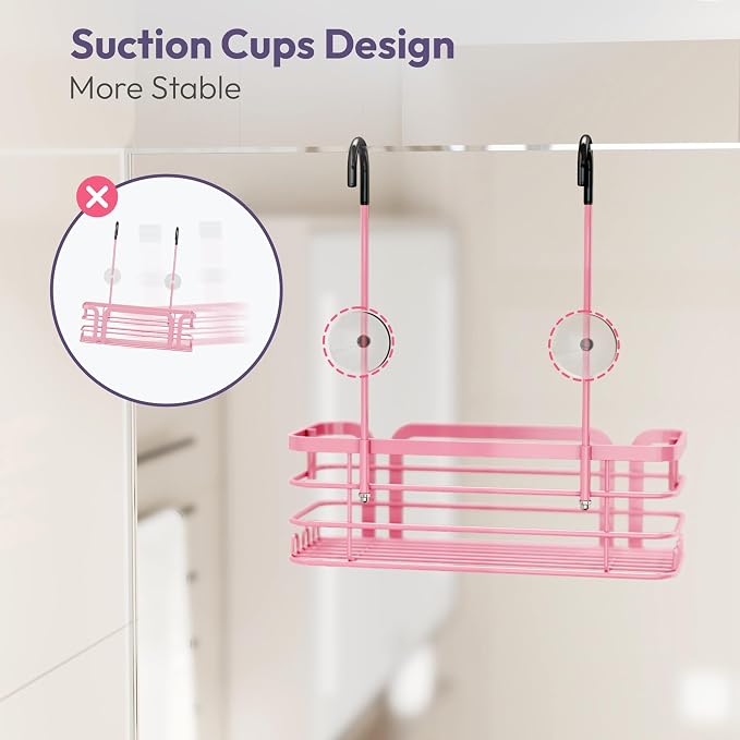 SWTYMIKI Shower Caddy Hanging Organizer - Over the Door Shower Caddy with 6 Hooks, 2 Installation Ways, Stainless Steel Rustproof Bathroom Organizer, Pink Small