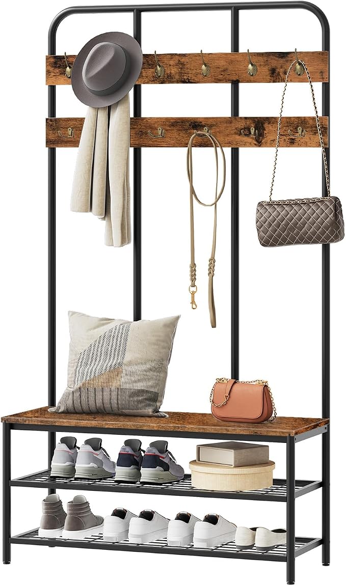 HOOBRO Hall Tree with Bench, Entryway Bench with Coat Rack, Mud Room Rack with 12 Double Hooks and Shoe Storage, Coat Tree, Shoe Rack Organizer, for Foyer, Front Door, Rustic Brown BF05MT01