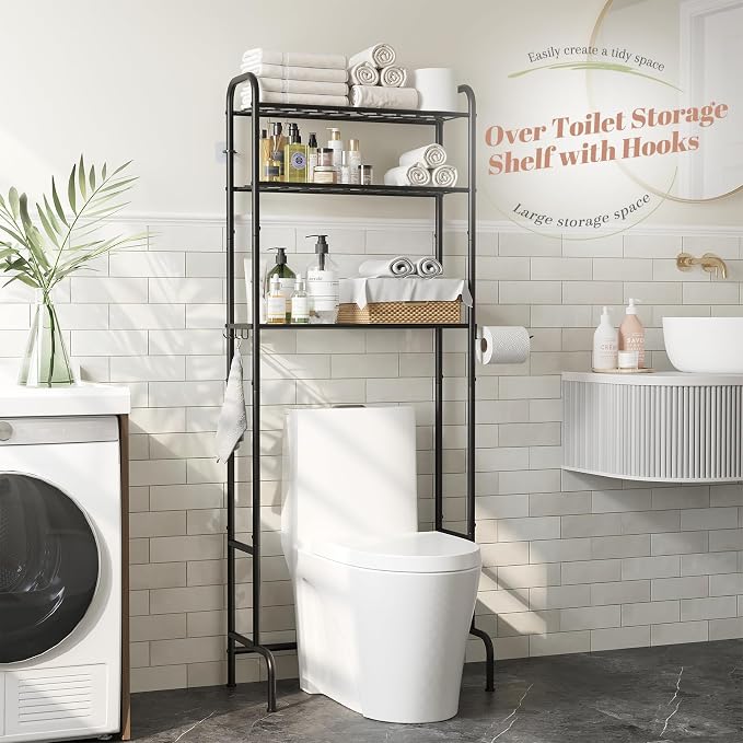 STDDRE 3-Tier Over The Toilet Storage Space Saver with Paper Holder Freestanding Rack Metal Bathroom Shelves with Hooks Above The Toilet Storage Shelf (Black, 3 Tier)