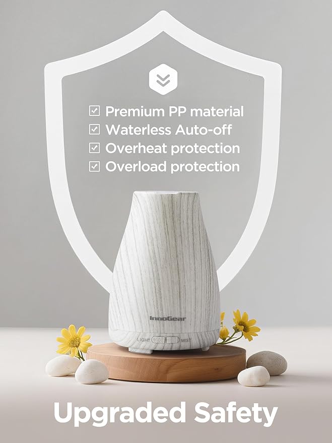 InnoGear Essential Oil Diffuser, Ultrasonic Diffusers for Home Aromatherapy Humidifier for Bedroom Room 7 Colors LED 2 Mist Mode Auto Off, White Grey