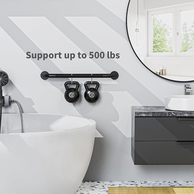 Matte Black Grab Bar 24 Inch, iHansee Anti-Slip Bathroom Grab Bar w/Knurled Texture Grip, Stainless Steel Safety Handrail for Toilet Bathtub, Wall-Mount Shower Handle Handicap Bars for Senior Elderly