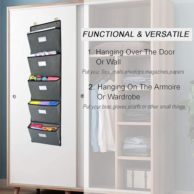 Over the Door Hanging File Organizer 5 Extra Large Pockets Wall Hanging File Folders Organizer Holders,Home Office Supplies Storage Pocket Chart for Paper Mails Planners Notebooks,Gray