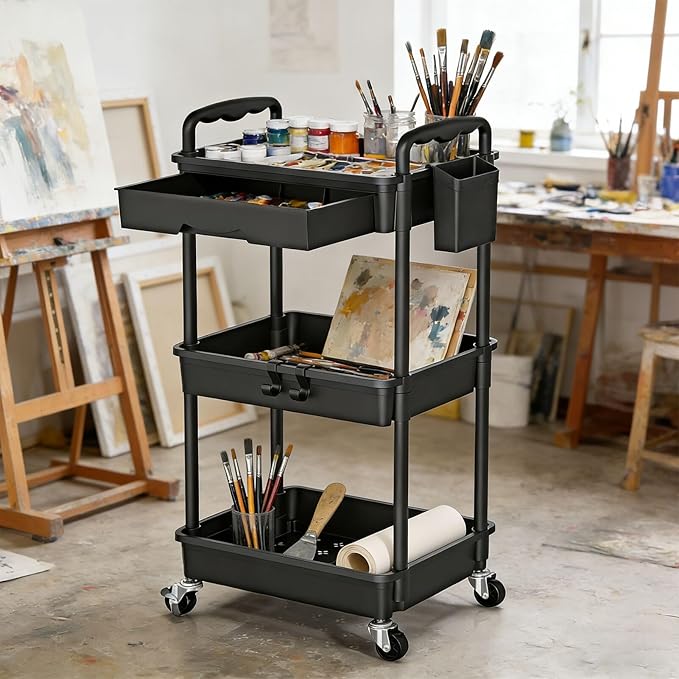 SUNALLY 3 Tier Rolling Cart with Drawer, Bathroom Storage Organizer with 2 Lockable Wheels, Multifunctional Rolling Storage Cart for Bathroom, Kitchen, Office, Craft, Makeup, Baby Essentials, Black
