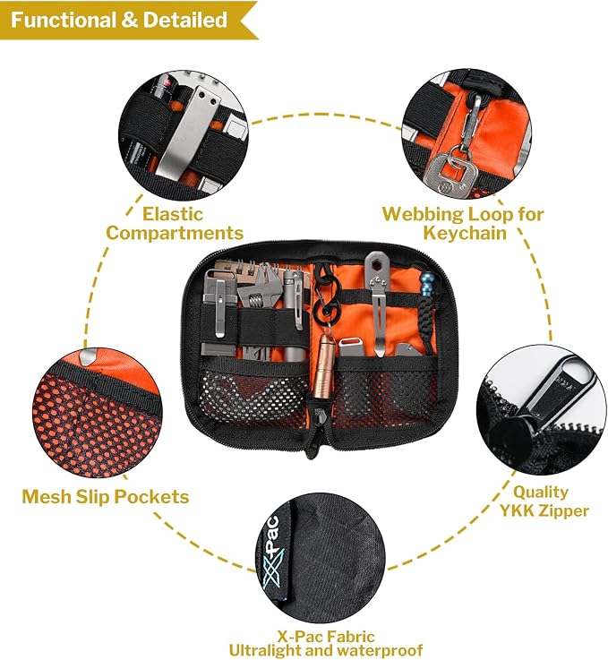 VIPERADE VE10 EDC Pouch Small Pocket Tool Pouch with 10 Compartments, Men's Pocket Organizer for Multitools, EDC Organizer with Patches Area for DIY (X-pac Black)