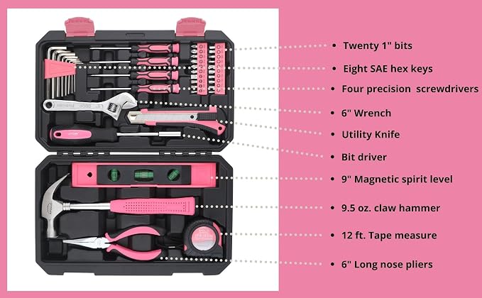 Apollo Tools 39 Piece General Household Tool Set in Toolbox Storage Case with Essential Hand Tools for Everyday Home Repairs, DIY and Crafts - Pink Ribbon - Pink - DT9711P