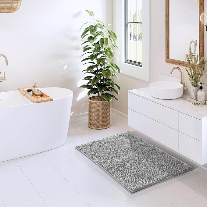 Hearth & Harbor Bathroom Rugs, Chenille Bath Mat - Machine Washable Bath Mats for Bathroom Non-Slip Backing Rubber, Quick Dry Bathroom Mat - Silver Bath Rug, 20x32
