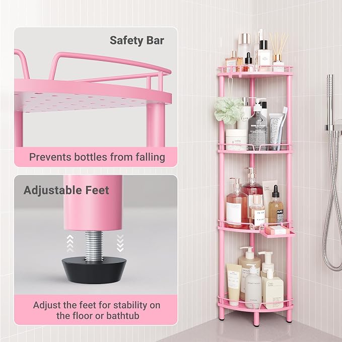 ELYKEN Corner Shower Caddy Standing, 4 Tier Rustproof Metal Shower Organizer with Soap Holder, Floor Shower Corner Shelf Rack Storage Stands with Adjustable Feet & 2 Hooks for Bathroom, Pink