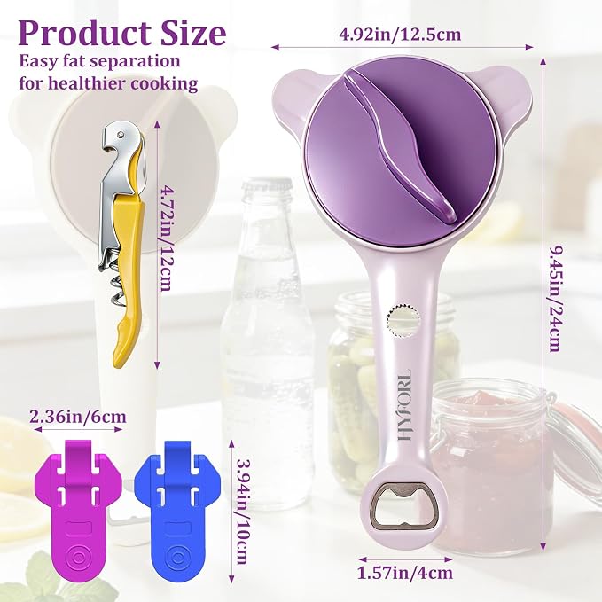 2026 Adjustable 4‑in‑1 Jar Opener with Red Wine Corkscrew & 2 Can Openers, Jar Opener for Seniors and Weak Hands, Perfect for Kitchen Jars,Bottles & Beer Caps (purple）