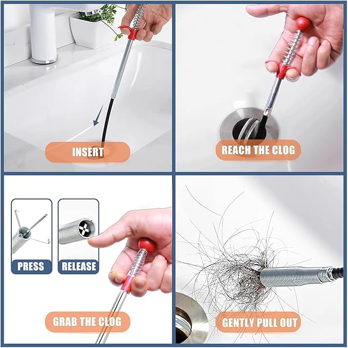 Upgraded Drain Snake 76" with Hook, Plumbing Snake Auger Tool, Sink Snake Drain Clog Remover for Bathroom Kitchen