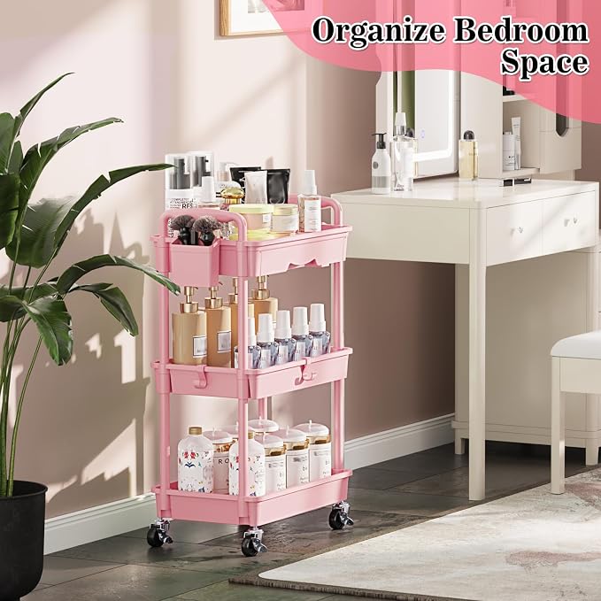 SUNALLY 3 Tier Rolling Cart with Drawer, Bathroom Storage Organizer with 2 Lockable Wheels, Multifunctional Rolling Storage Cart for Bathroom, Kitchen, Office, Craft, Makeup, Baby Essentials, Pink