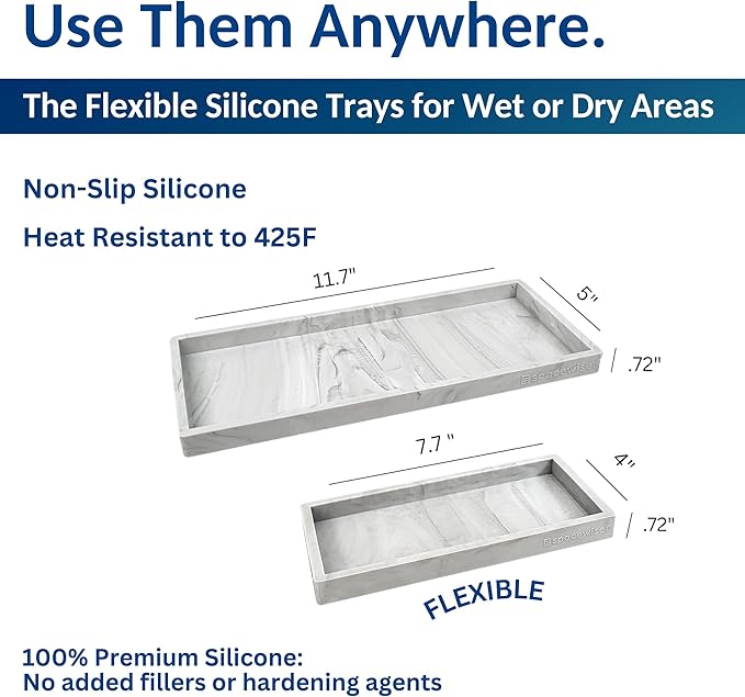 Spacewiser Countertop and Vanity Tray - 2 PC (11” and 7”) Shatterproof Silicone Kitchen and Bathroom Trays for Counter, Kitchen Soap Dispenser Tray, Vanity Trays for Bathroom, Perfume Key Tray