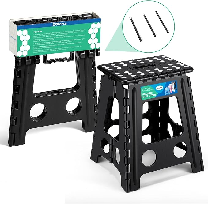 Dyforce 16 Inch Folding Step Stool, 400 lbs Heavy Duty Plastic Step Stool for Adults, Non-Slip Foldable Stepping Stool with Anti-Pinch Handle for Kitchen Bathroom Bedroom Office, Black 1PC